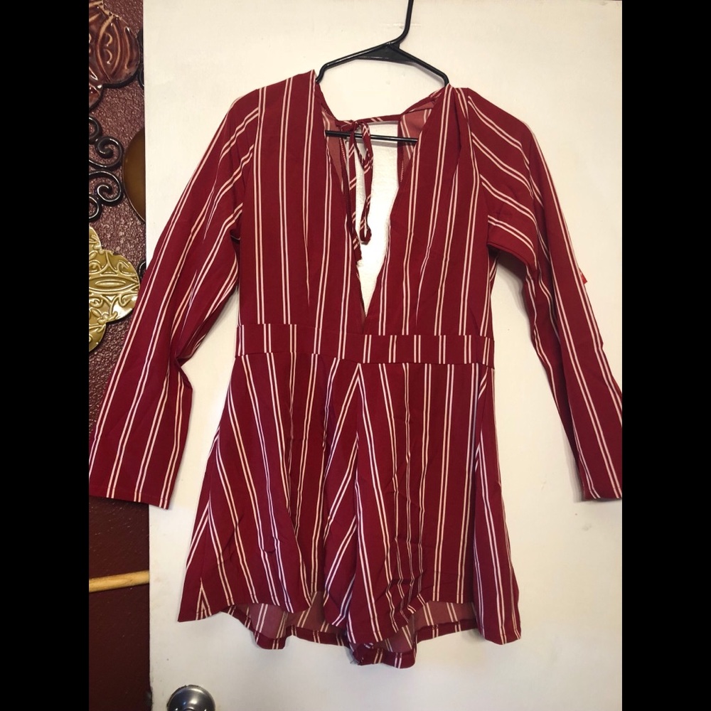 Red and white open back romper